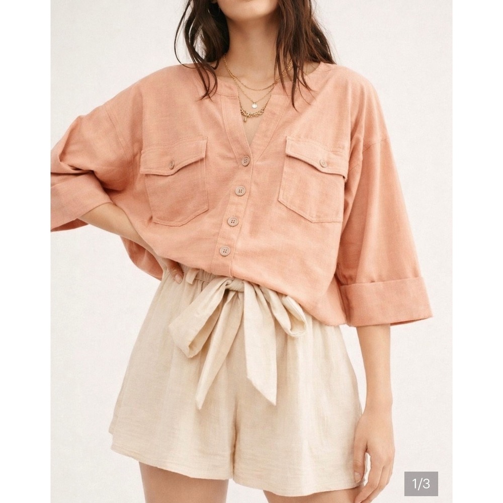 WE THE FREE PEOPLE Peach Cotton Linen Button Front Blouse Beach Slouchy Boho
